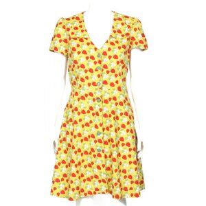 BEA & DOT Modcloth Retro Twee Yellow Red Strawberry Puff Sleeve Dress sz L /125